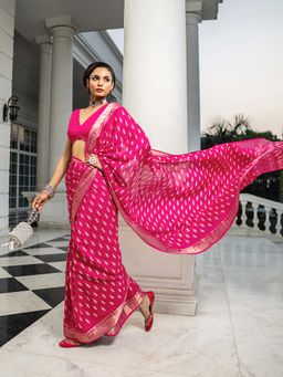 Libas - Pink Ethnic Motif Printed Pintuck Saree with Unstitched Blouse