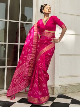 Libas - Pink Ethnic Motif Printed Pintuck Saree with Unstitched Blouse