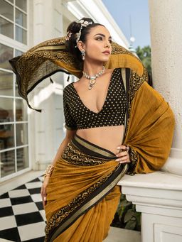 Libas - Mustard Printed Saree with Unstitched Blouse