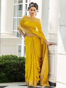 Libas - Mustard Embellished Saree with Unstitched Blouse