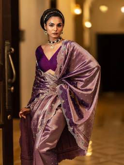 Libas - Purple Woven Design Embellished Saree with Unstitched Blouse