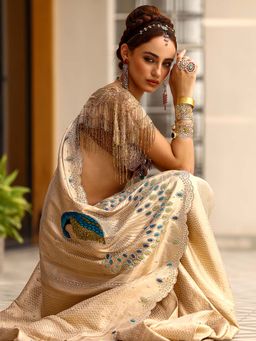 Libas - Beige Embellished Beads Saree with Unstitched Blouse