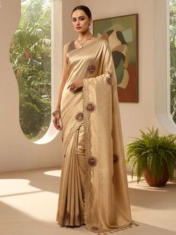 Libas - Beige Embellished Beads Saree with Unstitched Blouse