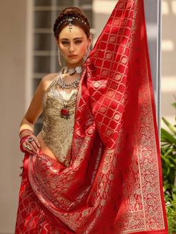 Libas - Red Woven Design Handloom Saree with Unstitched Blouse
