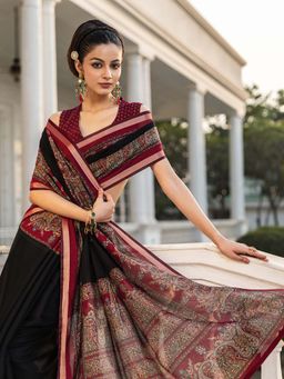 Libas - Black Paisley Printed Saree with Unstitched Blouse