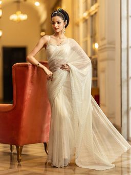 Libas - Off White Beads Embellished Saree with Unstitched Blouse