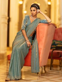 Libas - Teal Embellished Saree with Unstitched Blouse