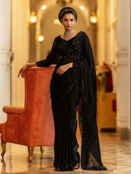 Libas - Black Beads Embellished Border Saree with Unstitched Blouse