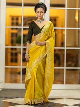 Libas - Yellow Embroidered Saree with Unstitched Blouse