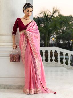 Libas - Pink Embroidered Saree with Unstitched Blouse