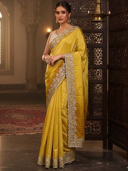 Libas - Yellow Zari Embellished Saree with Unstitched Blouse