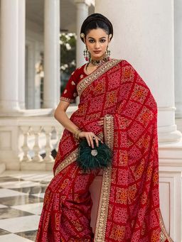 Libas - Red Bandhani Zari Work Embellished Saree with Unstitched Blouse