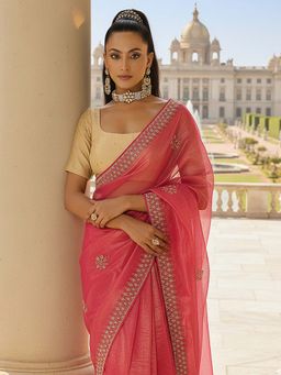 Libas - Pink Embellished Saree with Unstitched Blouse