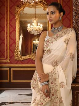 Libas - Cream Zari Sequins Work Saree with Unstitched Blouse