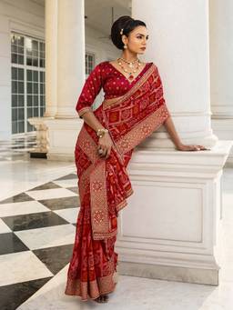Libas - Women Maroon Bandhani Printed Pure Georgette Saree with Unstitched Blouse