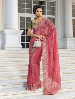Libas - Peach Silk Blend Embellished Saree with Unstitched Blouse