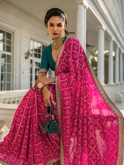 Libas - Magenta Silk Blend Printed Saree with Unstitched Blouse