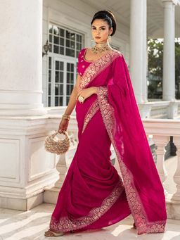 Libas - Pink Silk Blend Embellished Saree with Unstitched Blouse