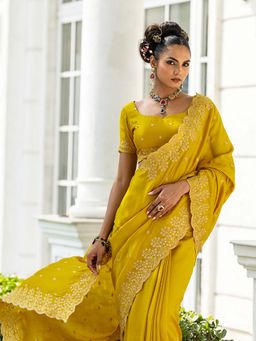 Libas - Mustard Silk Blend Floral Saree with Unstitched Blouse