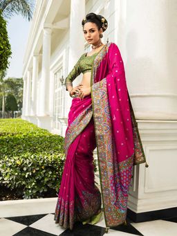 Libas - Magenta Silk Blend Printed Saree with Unstitched Blouse