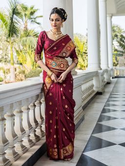 Libas - Maroon Silk Blend Handloom Saree with Unstitched Blouse