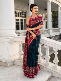 Libas - Womens Teal Printed Cotton Blend Saree with Unstitched Blouse