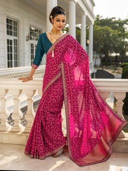 Libas - Womens Pink Printed Silk Blend Saree with Unstitched Blouse