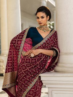 Libas - Womens Maroon Printed Silk Blend Saree with Unstitched Blouse