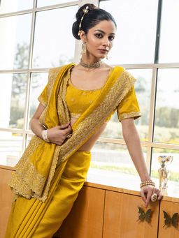 Libas - Womens Yellow Embellished Silk Blend Saree with Unstitched Blouse