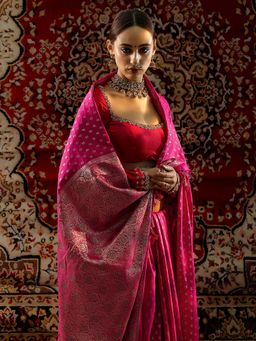 Libas - Womens Pink Woven Design Silk Blend Saree with Unstitched Blouse