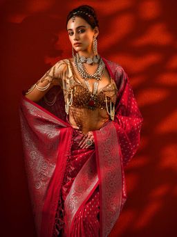Libas - Womens Red Woven Design Silk Blend Saree with Unstitched Blouse