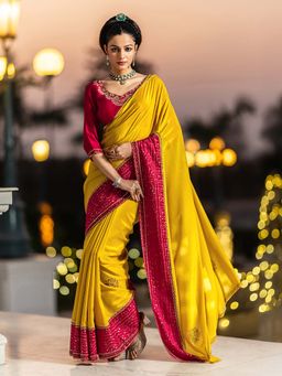 Libas - Womens Mustard Embellished Silk Blend Saree with Unstitched Blouse