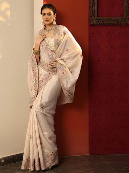 Libas - Womens Cream Embroidered Pure Crepe Saree with Unstitched Blouse