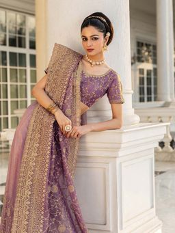 Libas - Womens Mauve Embroidered Net Saree with Unstitched Blouse