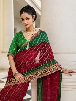 Libas - Womens Red Printed Pure Georgette Saree with Unstitched Blouse