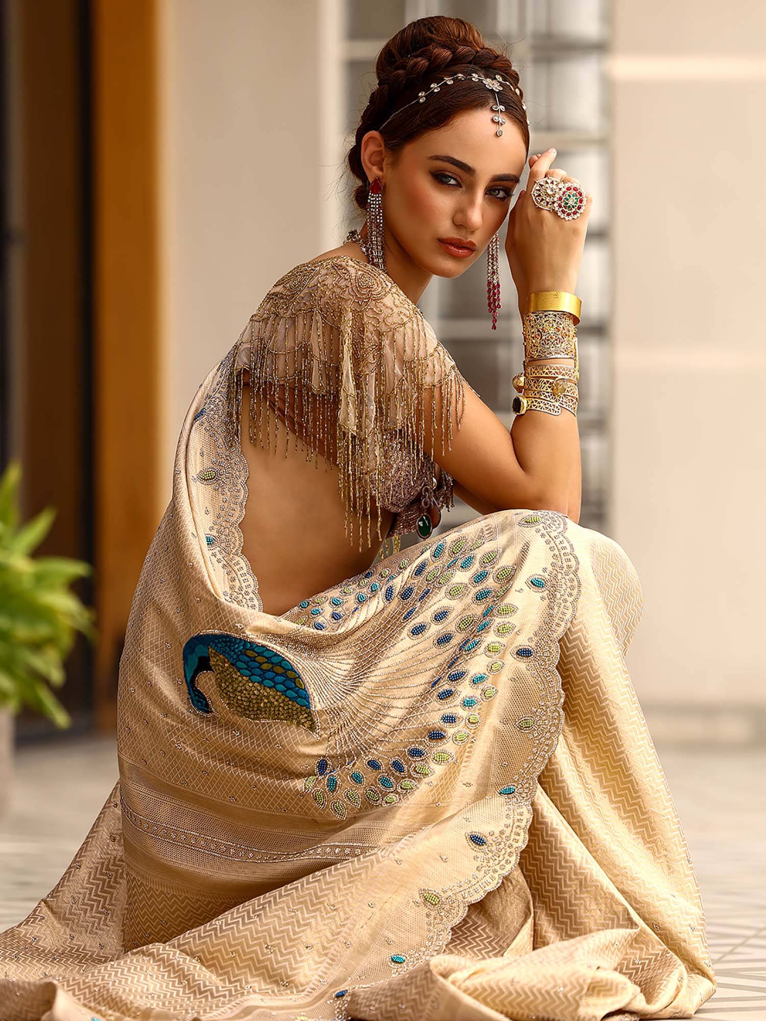 libas Gold Embellished/Sequined Saree With Unsttiched Blouse with Unstitched-picture-23