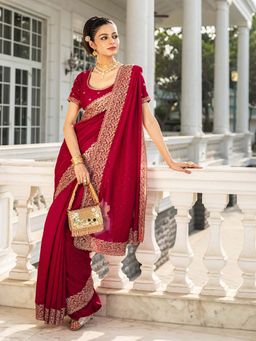 Libas - Red Silk Blend Embellished Saree with Unstitched