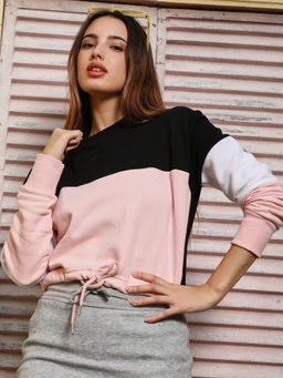 Campus Sutra - Womens Baby Pink and Onyx Black Contrast Panel Sweatshirt