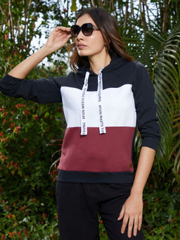 Campus Sutra - Womens Navy Blue and Wine Red Contrast Panel Pullover Hoodie