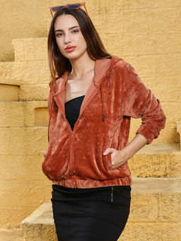 Campus Sutra - Womens Rust Orange Zip Front Ribbed Hoodie