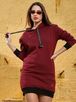PINACOLADA - Womens Wine Red Pullover Hoodie Mini Dress