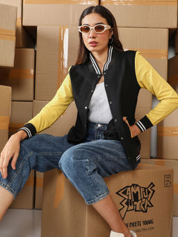 Campus Sutra - Womens Lemon Yellow and Onyx Black Block Bomber Jacket