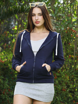 Campus Sutra - Womens Navy Blue Solid Zip Front Hoodie