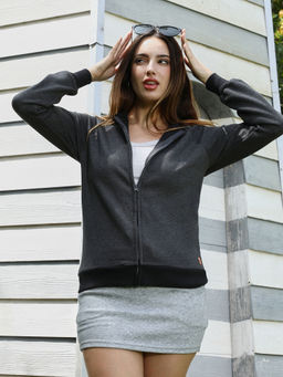 Campus Sutra - Womens Charcoal Grey Zip Front Contrast Bomber Jacket
