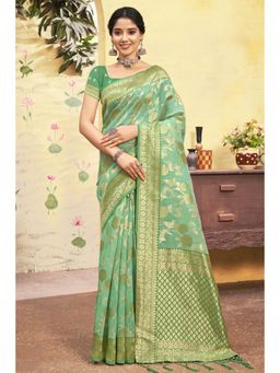 Sangam Prints - Pista Green Cotton Woven Zari Work Traditional Tassel Saree with Unstitched Blouse