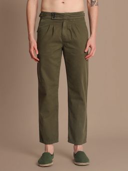 Bene Kleed - Olive Men Mid-Rise Solid Relaxed Fit Korean Style Pleated Casual Trousers