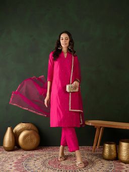 Gahan - Pink Solid with Mukaish Work Kurta with Pant and Dupatta
