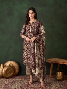 Gahan - Purple Printed with Neck Kurta with Pant and Printed Dupatta