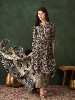 Gahan - Navy Blue Printed with Neck Kurta with Pant and Printed Dupatta