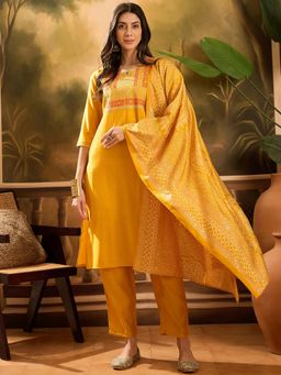 Gahan - Mustard Embroidered Kurta with Pant and Printed Dupatta